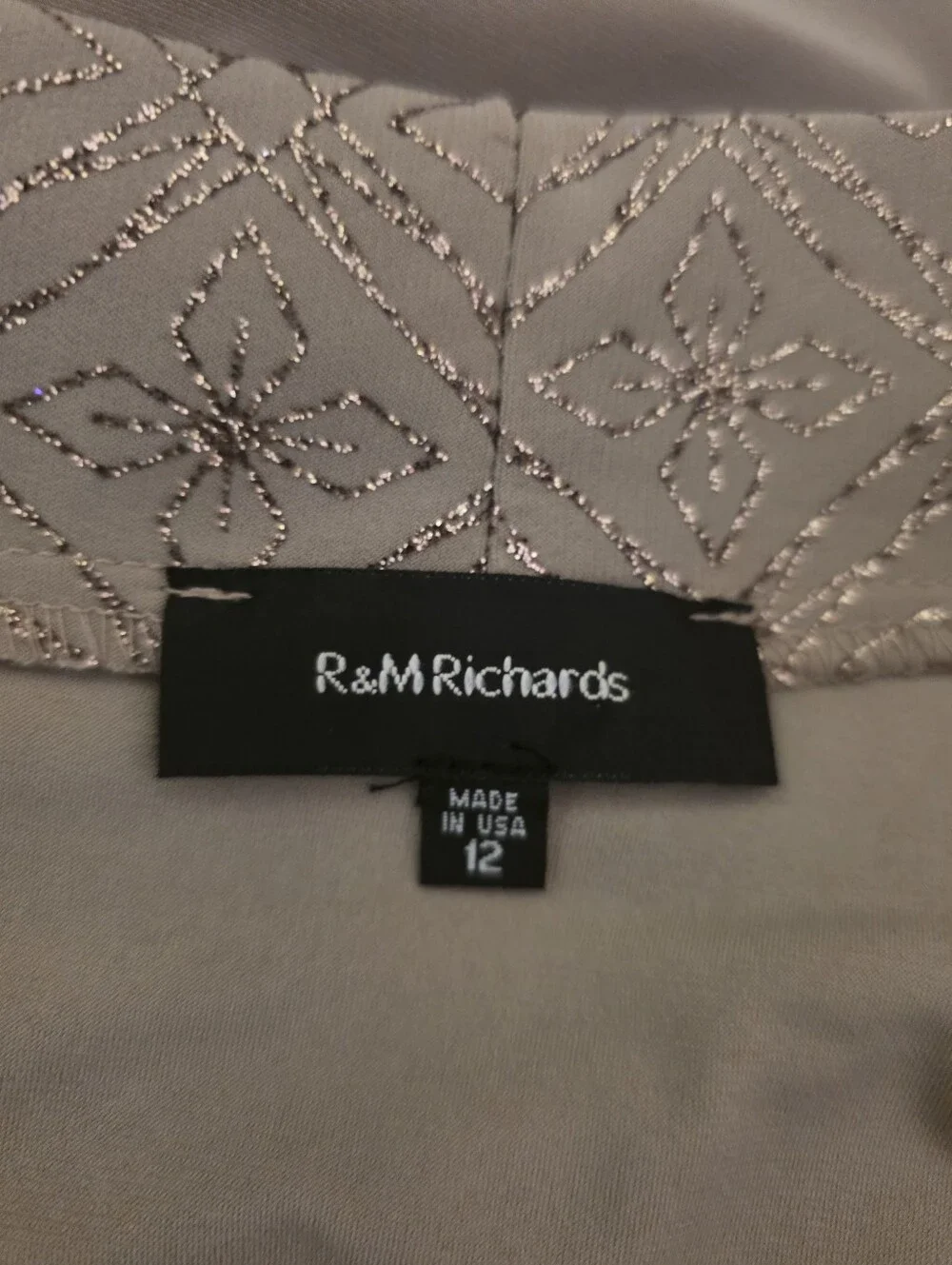 R&M Richards Size 12 Taupe Shimmer Trim Dress & Sheer Sleeve Jacket Set EUC